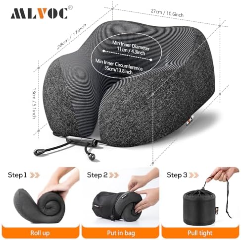 MLVOC Neck Pillow for Traveling, Upgraded 100% Pure Memory Foam Travel Neck Pillow for Airplane Flight Sleep, Breathable & Machine Washable Cover, Travel Kit with 3D Eye Mask, Earplugs & Bag, Black - Image 7