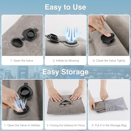 MoKo Inflatable Travel Pillow, Comfortable Neck Pillow with Storage Bag Support Shoulder and Neck to Avoid Pain for Airplane Train Office Car Travel Home, Gray - Image 7