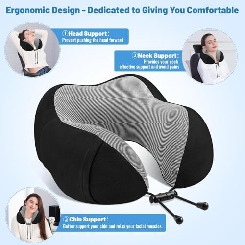 CloudBliss Travel Pillow Premium Memory Foam, Comfortable & Supportive Neck Pillow, Sleeping Neck Pillows for Travel, Airplane Pillow for Sleeping Airplane, Car, Office and Home（Black） - Image 5