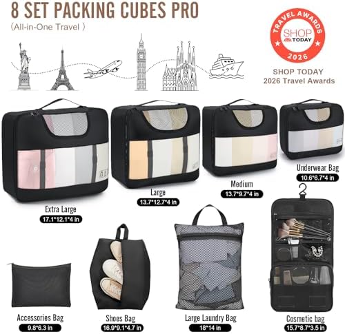 Veken 10 Set/8 Set Packing Cubes for Travel Essentials, Suitcase Organizer Bags in 4 Sizes, Carry-On Luggage Accessories with Laundry & Toiletry Bag, Airplane Must-Have, Road Trip & Camp Gifts for Men - Image 2
