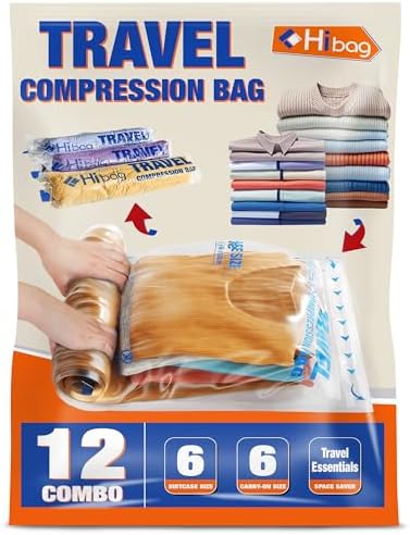 12 Compression Bags for Travel Essentials, Vacuum Packing Space Saver Bags for Cruise Accessories (12-Travel)