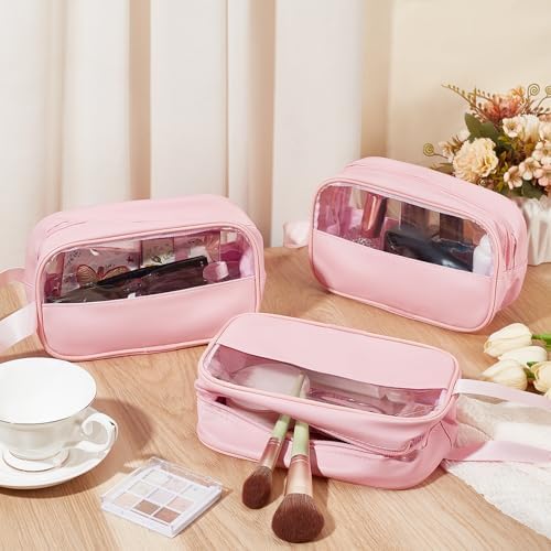 15Pcs Clear Makeup Bag, Portable Travel Toiletry Cosmetic Bag Case for Women Translucent Makeup Toiletry Bags Travel Pouch for Travel Essentials Toiletries Accessories, Pink - Image 4