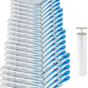 Amazon Basics Vacuum Storage Bags with Hand Pump for Travel, Space Saving Compression Bags for Clothes, Clothing, Blankets and Duvets, Clear, 20 Pack (5 Small, 5 Medium, 5 Large & 5 Jumbo)