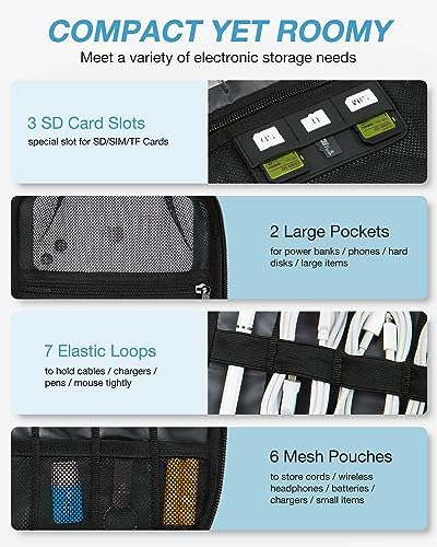 BAGSMART Large Electronics Travel Organizer Case, Tech Accessories Cord Storage Bag for Phone, Power Bank, SD Card, Cables, Black - Image 3