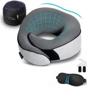 Proglobe Travel Neck Pillows for Airplanes, Sleeping Essentials for Long haul Flights, 360° Head Support, Car and Airplane Kit with 3D Contoured Eye Mask, Earplugs and Luxury Mesh Bag (Adult, Grey)