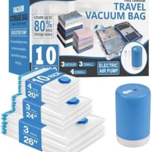 Cozy Essential 10 Pack Travel Vacuum Storage Bags with Rechargeable Wireless Electric Pump for Luggage, Suitcase, Carry-on Size Vacuum Seal Compression Space Saver Bags for Clothes and Clothing Travel