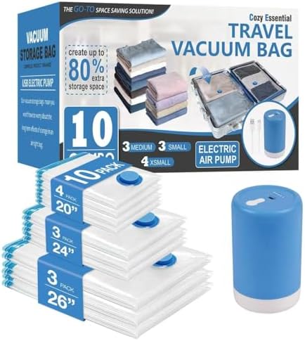 Cozy Essential 10 Pack Travel Vacuum Storage Bags with Rechargeable Wireless Electric Pump for Luggage, Suitcase, Carry-on Size Vacuum Seal Compression Space Saver Bags for Clothes and Clothing Travel