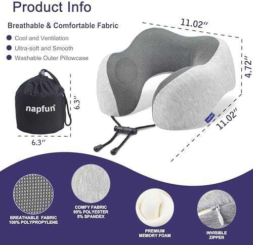 napfun Neck Pillow for Traveling, Upgraded Travel Neck Pillow for Airplane 100% Pure Memory Foam Travel Pillow for Flight Headrest Sleep, Portable Plane Accessories, Light Grey - Image 2