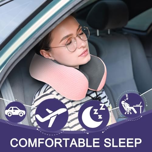 napfun Neck Pillow for Traveling, Upgraded Travel Neck Pillow for Airplane 100% Pure Memory Foam Travel Pillow for Flight Headrest Sleep, Portable Plane Accessories, Pink - Image 2