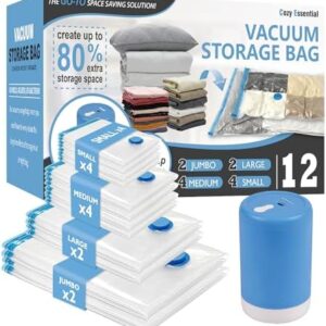 Cozy Essential 12 Pack Travel Vacuum Storage Bags with Rechargeable Wireless Electric Pump for Luggage, Suitcase, Carry-on Size Vacuum Seal Compression Space Saver Bags for Clothes and Clothing Travel