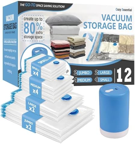 Cozy Essential 12 Pack Travel Vacuum Storage Bags with Rechargeable Wireless Electric Pump for Luggage, Suitcase, Carry-on Size Vacuum Seal Compression Space Saver Bags for Clothes and Clothing Travel