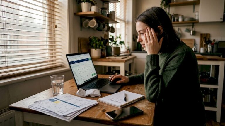 Woman overwhelmed planning travel at kitchen table