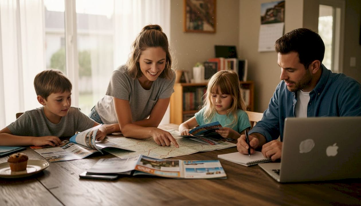 Family planning vacation at cluttered kitchen table