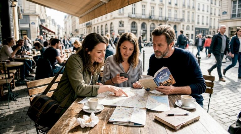 Travelers planning trip at outdoor café table